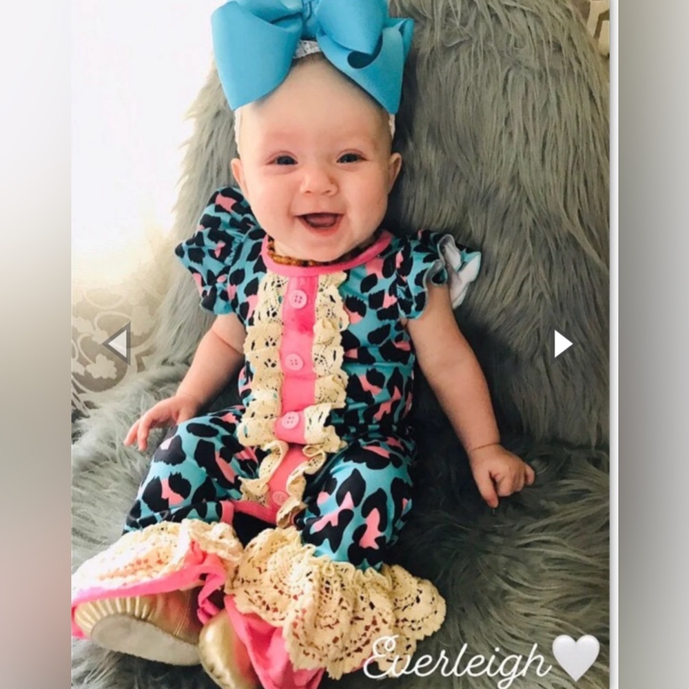Blue & Pink Leopard Romper with lace accent Size 6-12 Months
